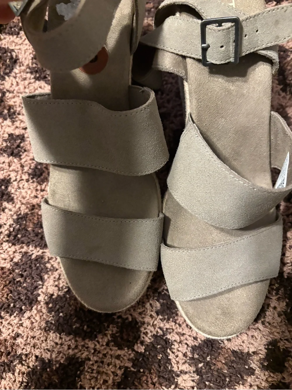 Toms Taupe/ Tab Suede Triple-Strap Ankle Buckle Espadrilles